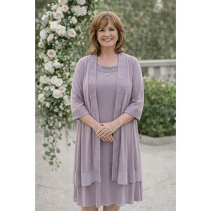 R&M Richards Taupe Shift Dress Jacket Set‎ Embellished Sheer Mother Of Bride 16